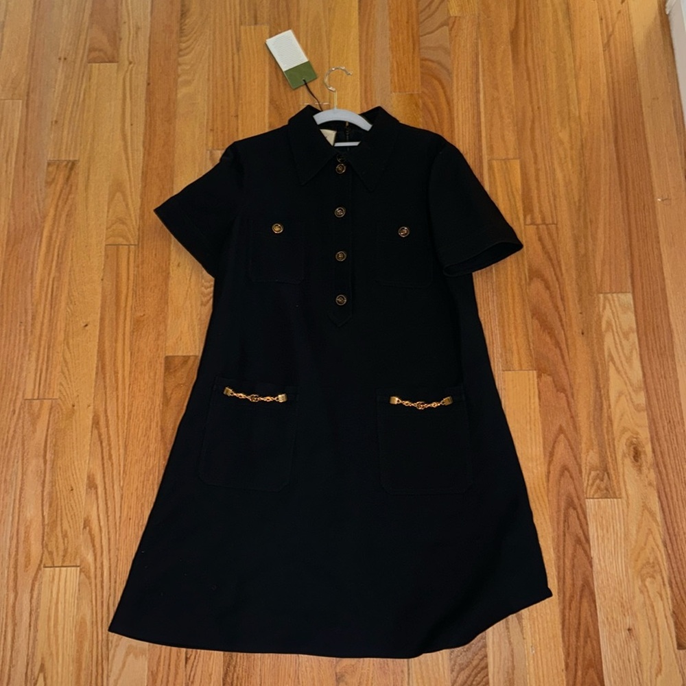 Gucci Collared Black Dress with Gold Buttons